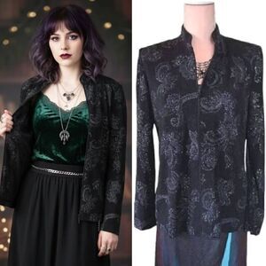 VTG 90s Black Metallic Paisley Floral Zip Front Formal Disco Coat Medium